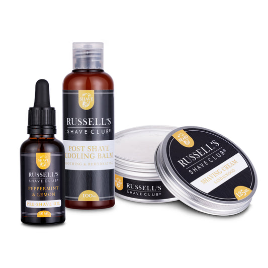 Russell's Perfect Shaving Trio: Pre-Shave Oil, Sandalwood Shaving Cream, & Post-Shave Balm