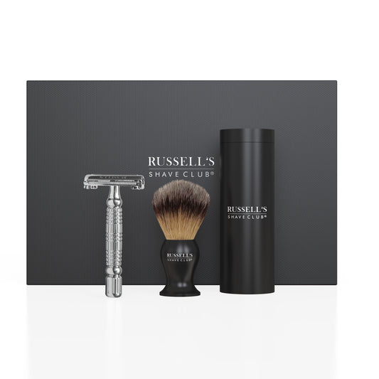 Chrome Butterfly Safety Razor With Synthetic Shave Brush - Includes 10 Feather Blades