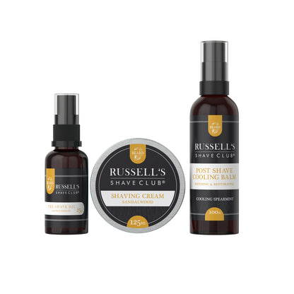 Russell's Perfect Shaving Trio: Pre-Shave Oil, Sandalwood Shaving Cream, & Post-Shave Balm