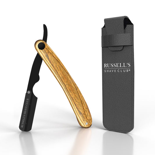 Wooden Handle Cut-Throat Razor With Stand - Includes 10 Platinum Blades